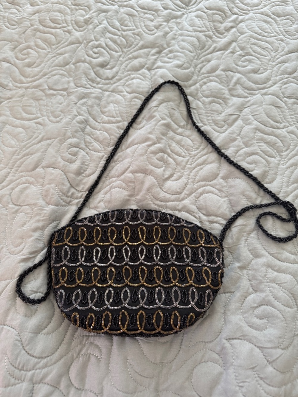 Vintage Black Mini evening Shoulder Bag with Gold & Silver Beaded Loops
